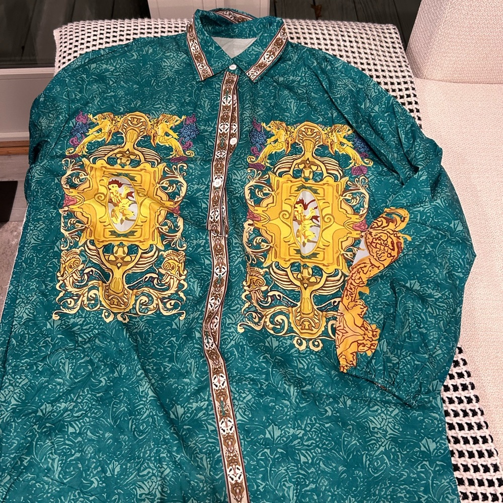 Teal and Gold Baroque Print Shirt
